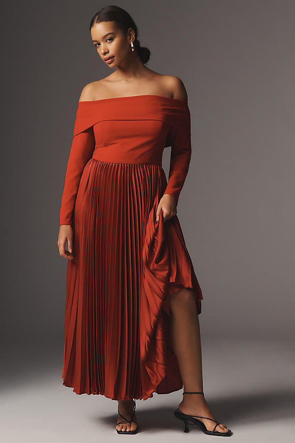 Long-Sleeve Off-The-Shoulder Pleated Maxi Dress