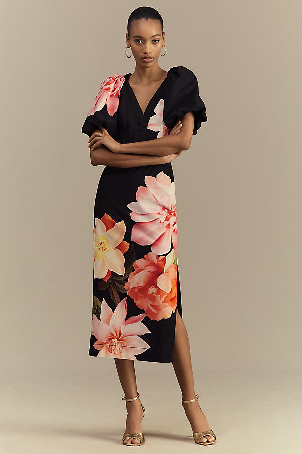 Brooke Puff-Sleeve V-Neck Stretch Midi Dress