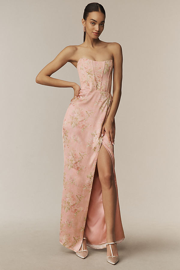 June Printed Corset Front-Slit Satin Gown
