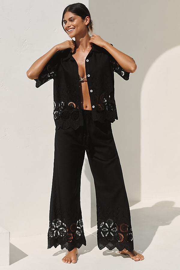 Embroidered Cutwork Wide-Leg Pants