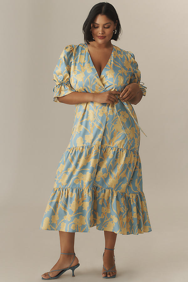 Puff-Sleeve Wrap Midi Dress