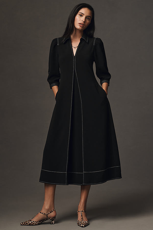 Long-Sleeve Collared Center-Pleat A-Line Midi Dress