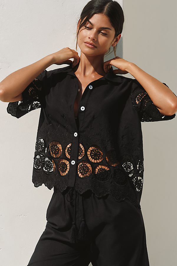 Short-Sleeve Embroidered Cutwork Button-Front Top by Mahila