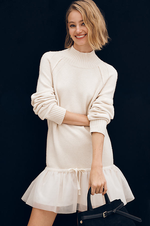Long-Sleeve Turtleneck Tulle Twofer Mini Dress