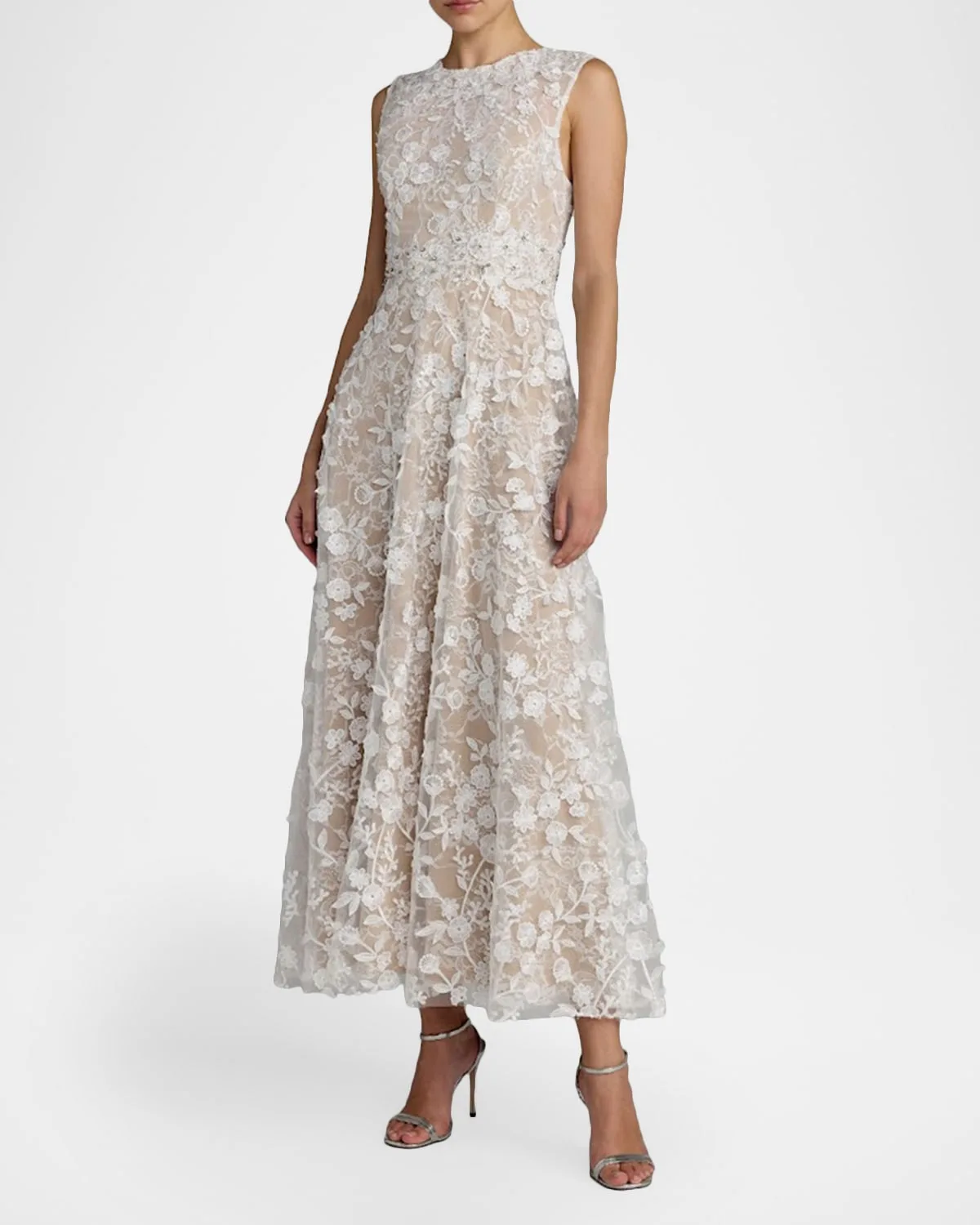 Floral Embroidered Round-Neck Midi-Dress