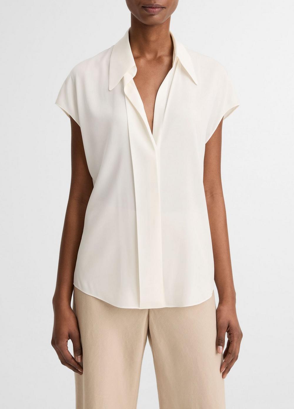 Women's Stretch-Silk Hidden-placket Cap-Sleeve Blouse, Chalk, Size M Vince