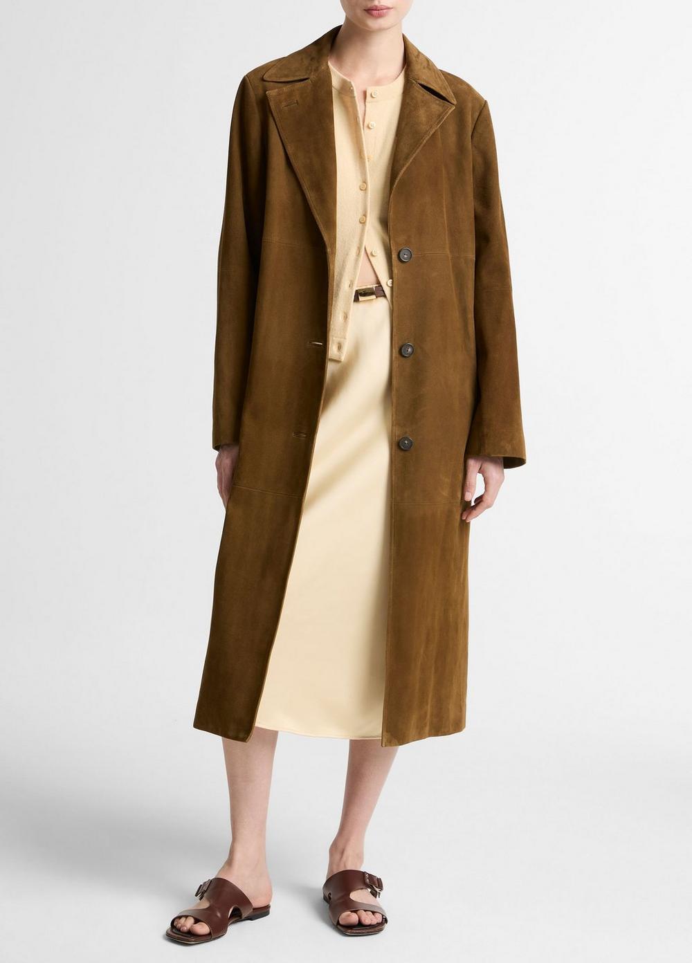 Women's Suede Long Coat, Wood Moss, Size M Vince