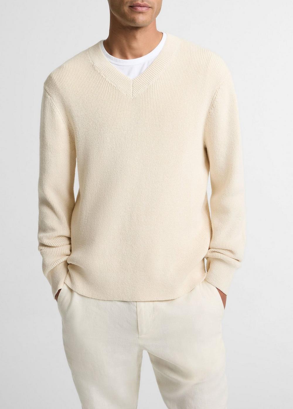 Men's Ribbed Italian Cotton-Blend V-Neck Sweater, Classic Cream, Size XL Vince