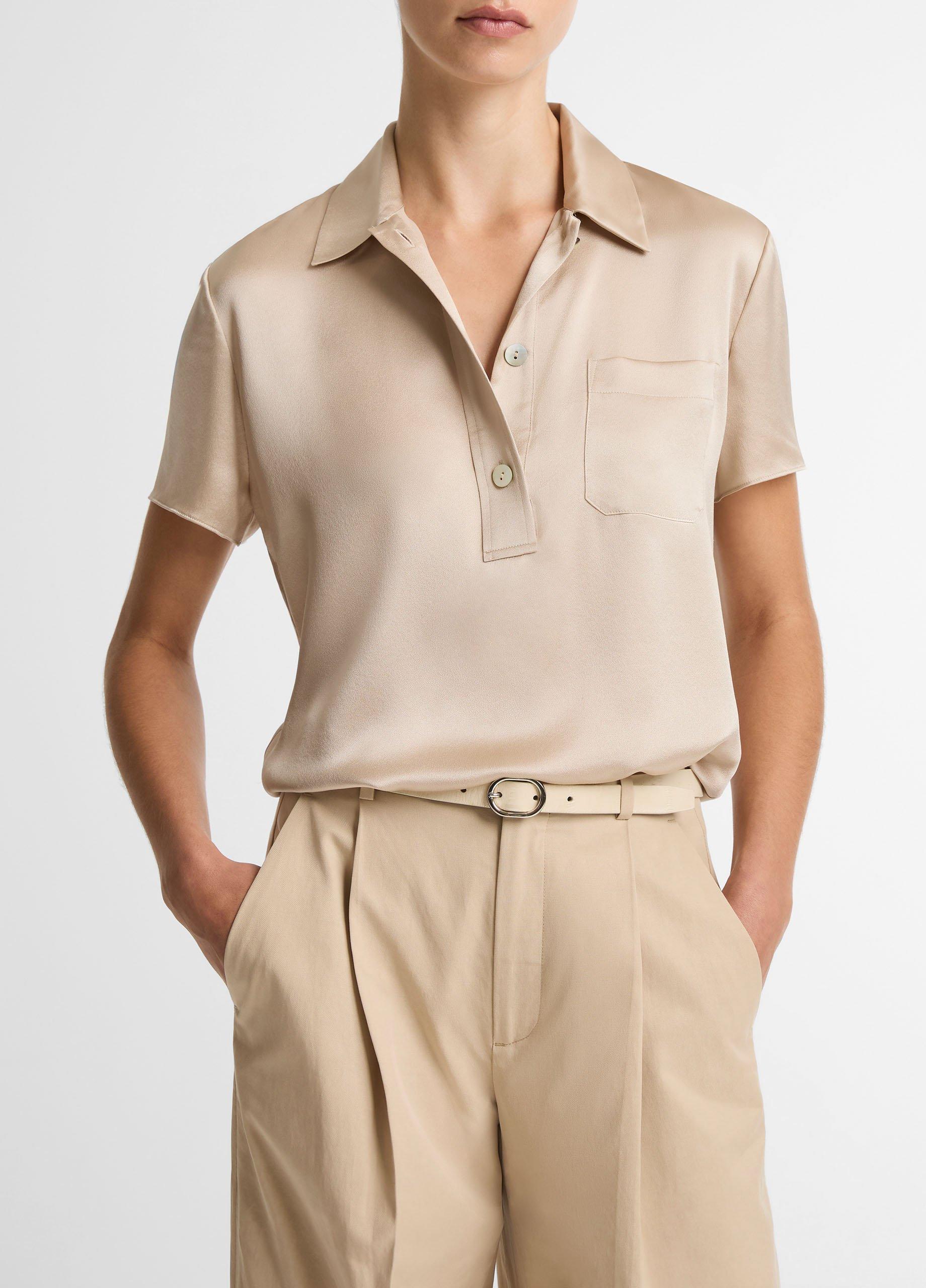 Women's Silk Short-Sleeve Polo Shirt, Pumice Stone, Size XS Vince