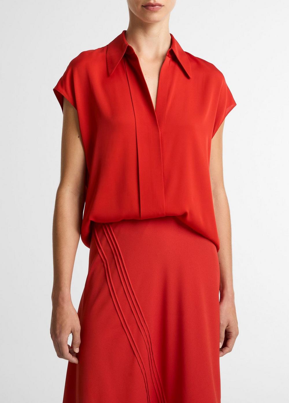 Women's Stretch-Silk Hidden-placket Cap-Sleeve Blouse, Poppy, Size S Vince