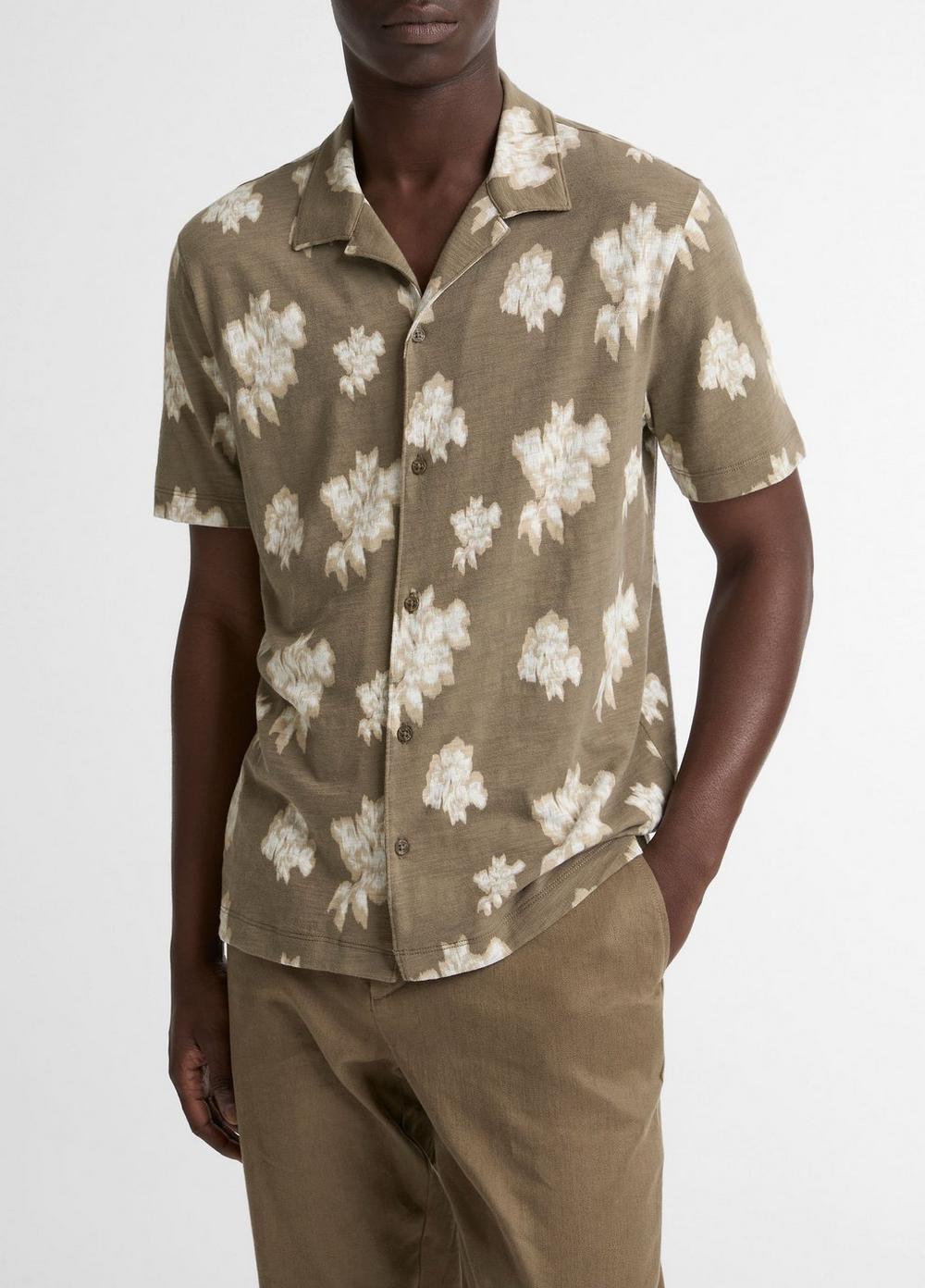 Men's Blurred Roses Cotton Short-Sleeve Button-Front Shirt, Kalamata Combo, Size XL Vince