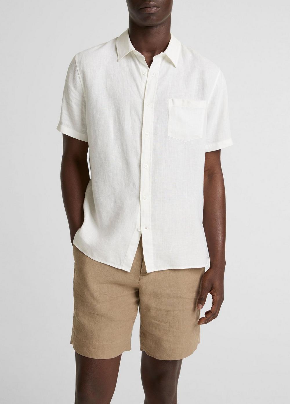 Men's Linen Short-Sleeve Button-Front Shirt, Optic White, Size L Vince