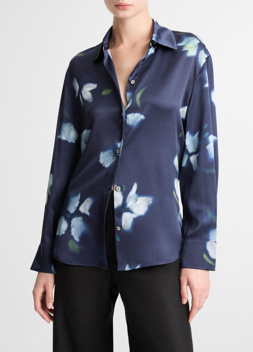 Women's Petal Blur Silk Relaxed Button-Front Shirt, Dark Navy, Size XXS Vince