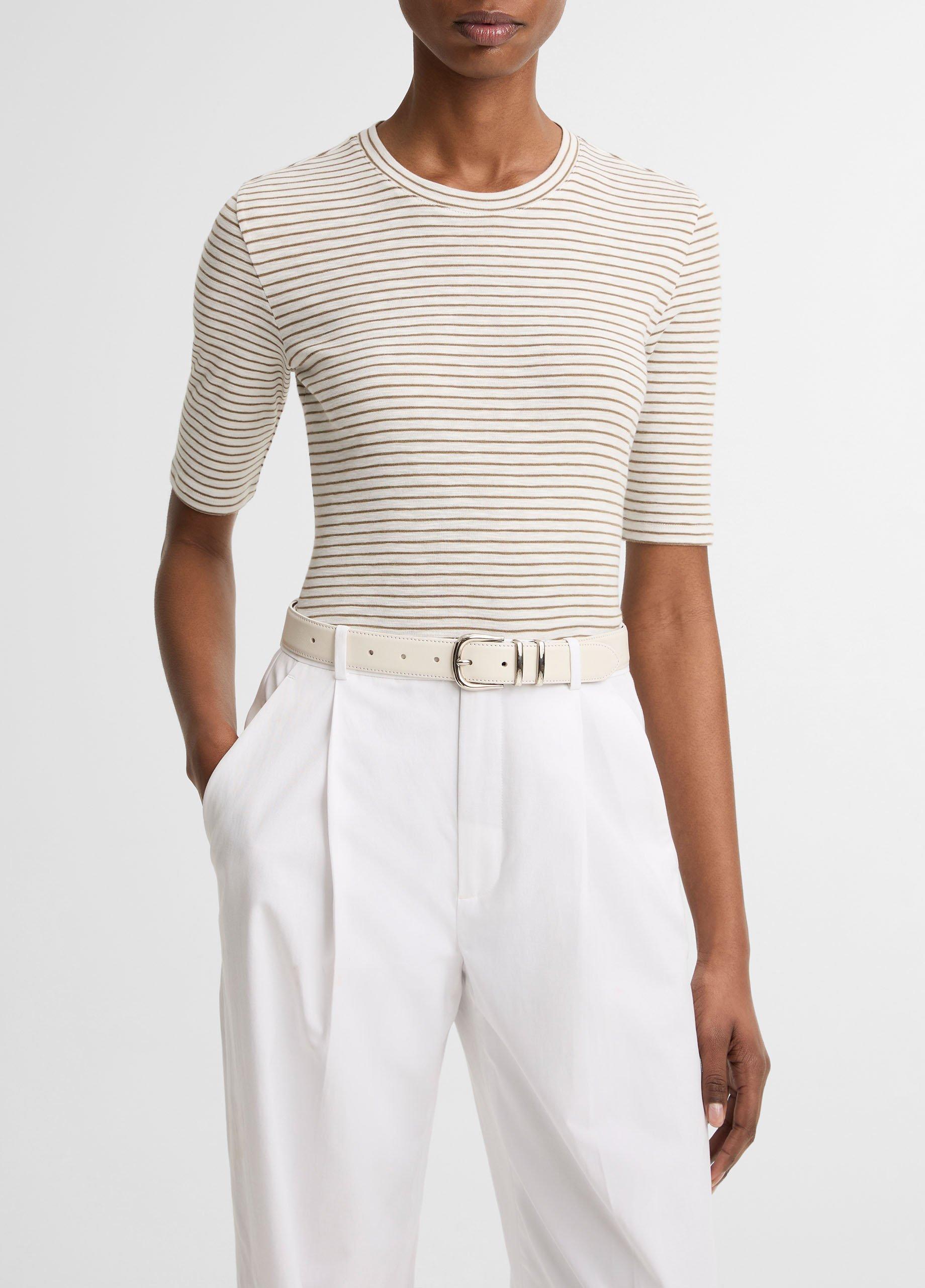 Women's Striped Cotton-Blend Elbow-Sleeve T-Shirt, Tapenade Combo, Size XL Vince