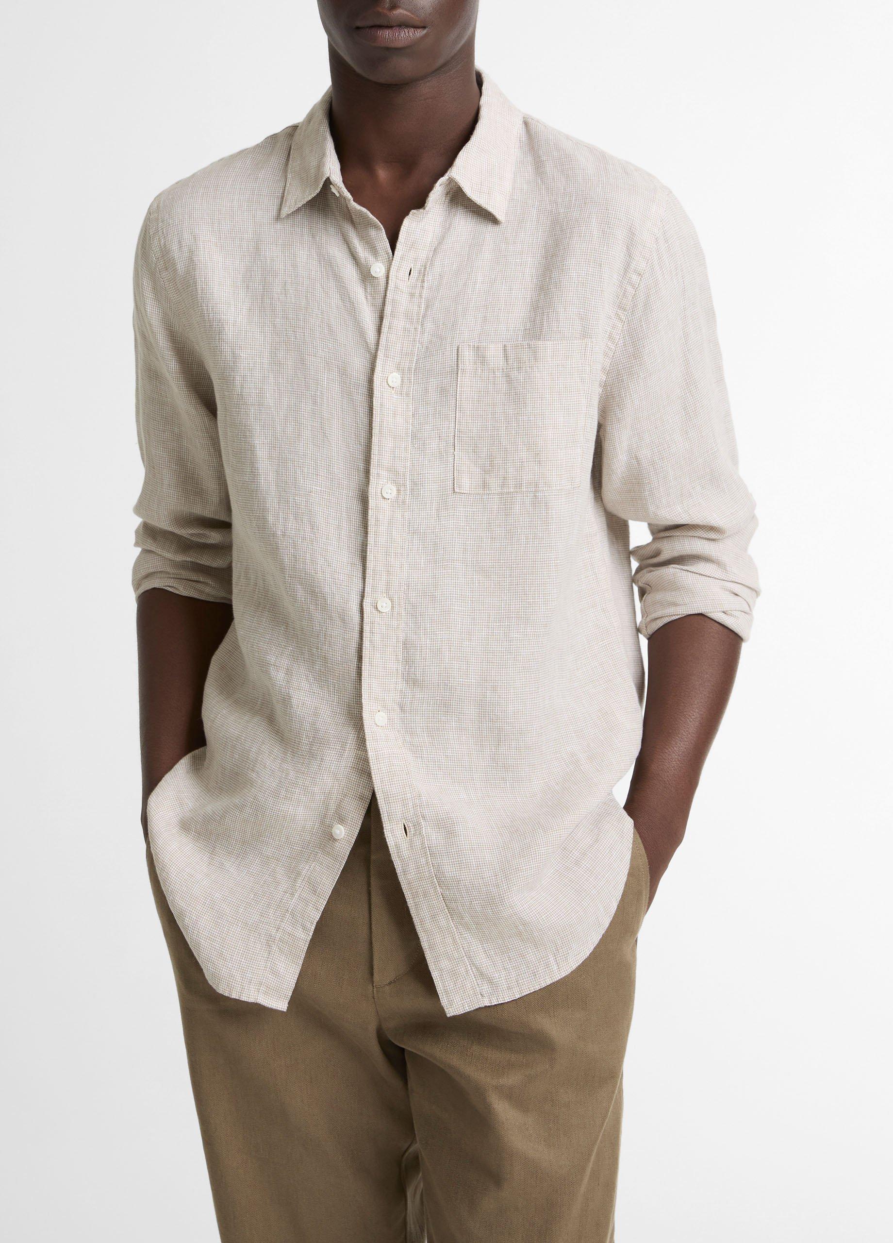 Men's Houndstooth Linen Button-Front Shirt, Teak/optic White, Size XL Vince