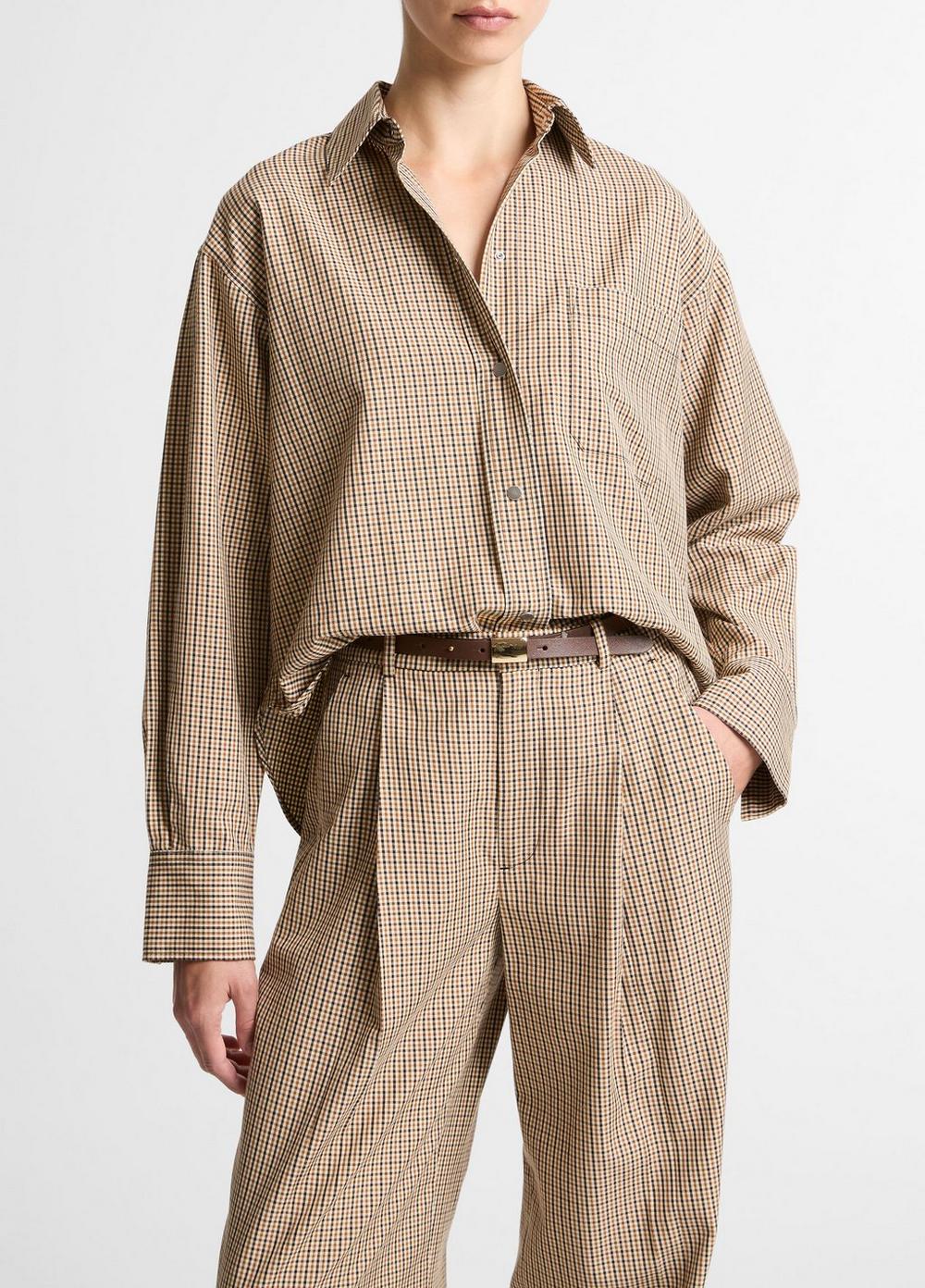 Women's Checked Italian Cotton-Blend Cropped Button-Front Shirt, Light Wheatstone Check, Size XS Vince
