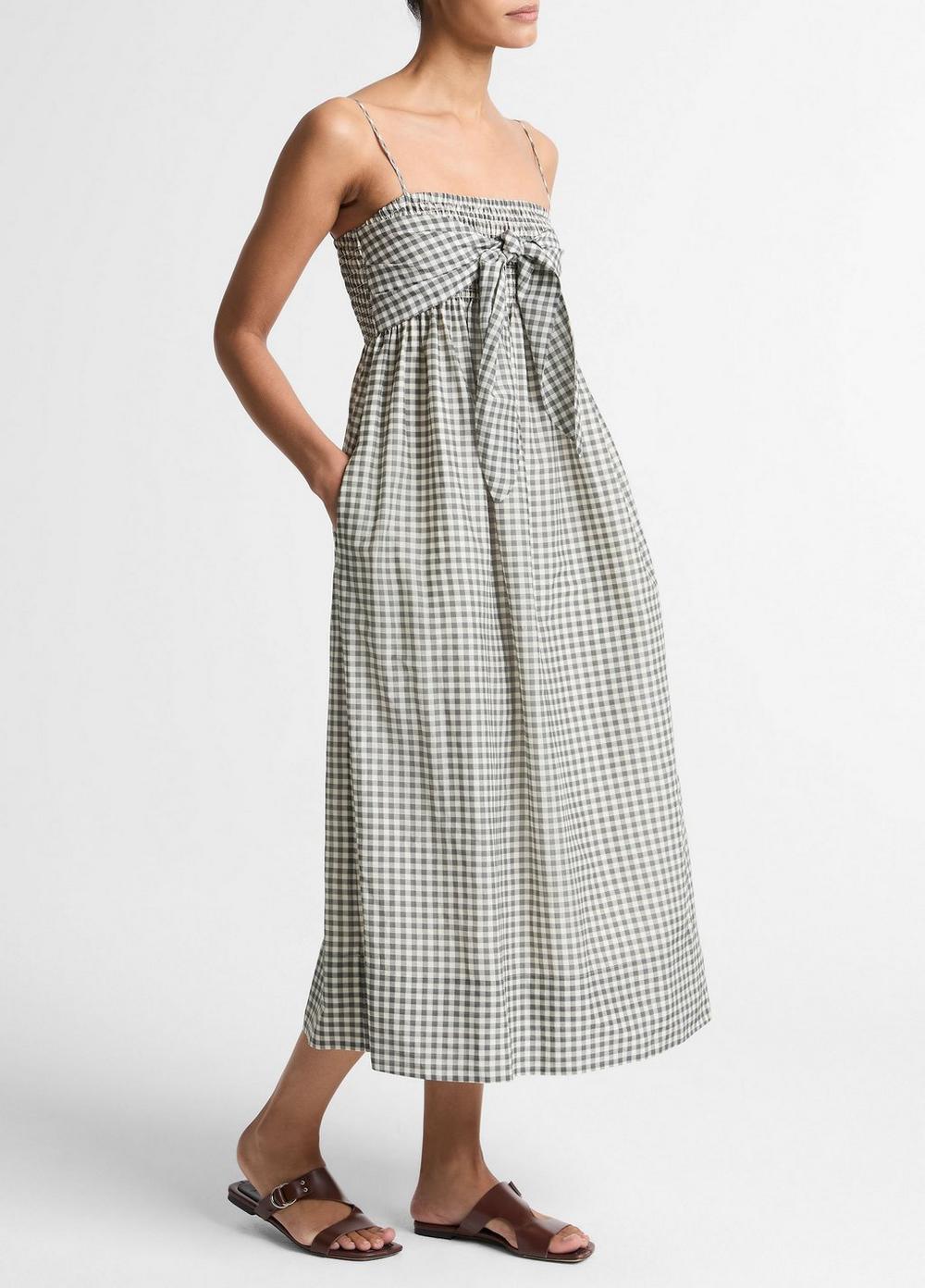 Women's Gingham Cotton-Silk Tie Smocked Dress, Off White/smoke, Size XS Vince