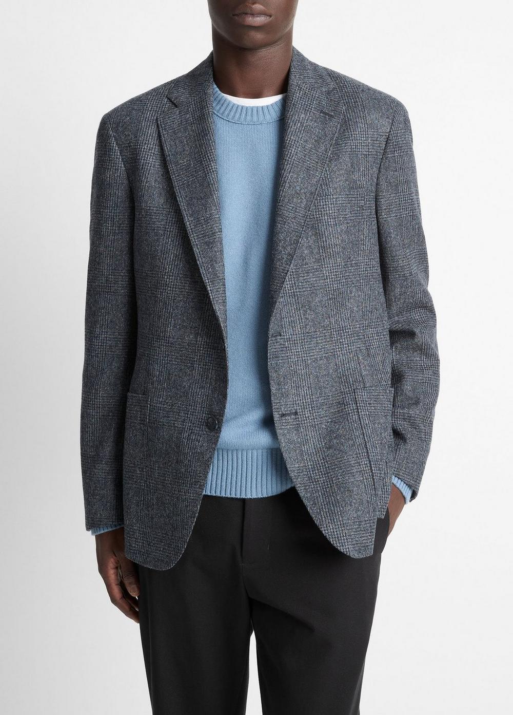 Men's Plaid Alpaca-Blend Relaxed Sport Coat, Navy/blue, Size 42R Vince