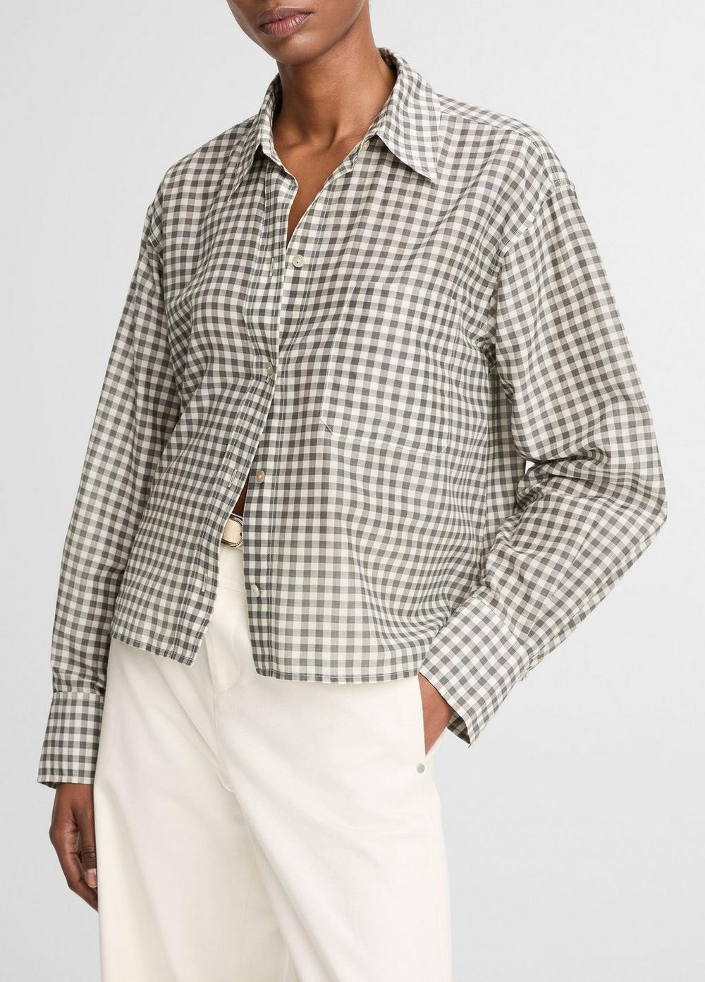 Women's Gingham Cotton-Silk Cropped Button-Front Shirt, Off White/smoke, Size L Vince