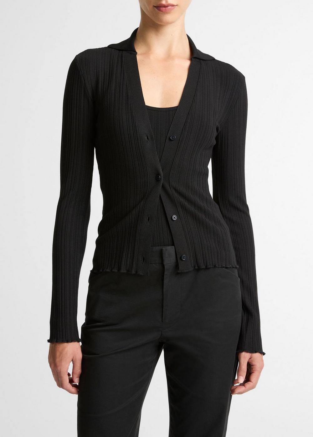 Women's Variegated-rib Cotton-Blend Polo Top, Black, Size XL Vince by Vince