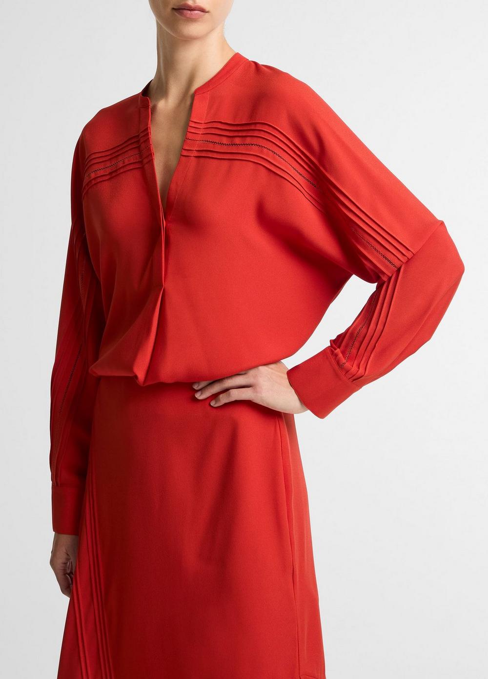 Women's Pintuck Satin Half-placket Blouse, Poppy, Size M Vince by Vince