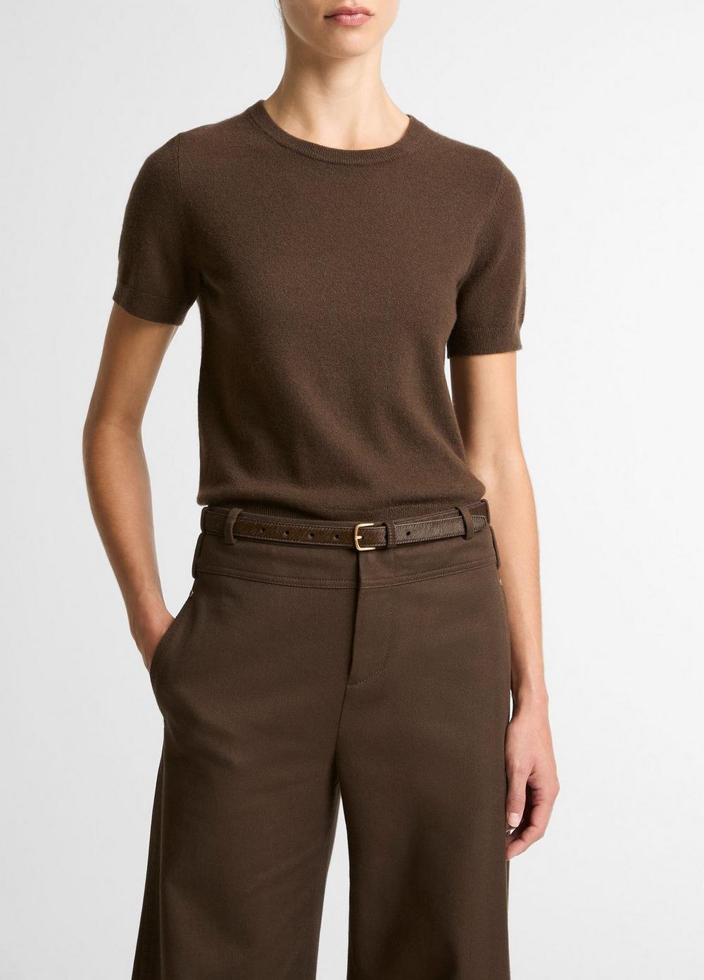 Women's Wool & Cashmere-Blend Short-Sleeve Sweater, Dark Bark, Size M Vince