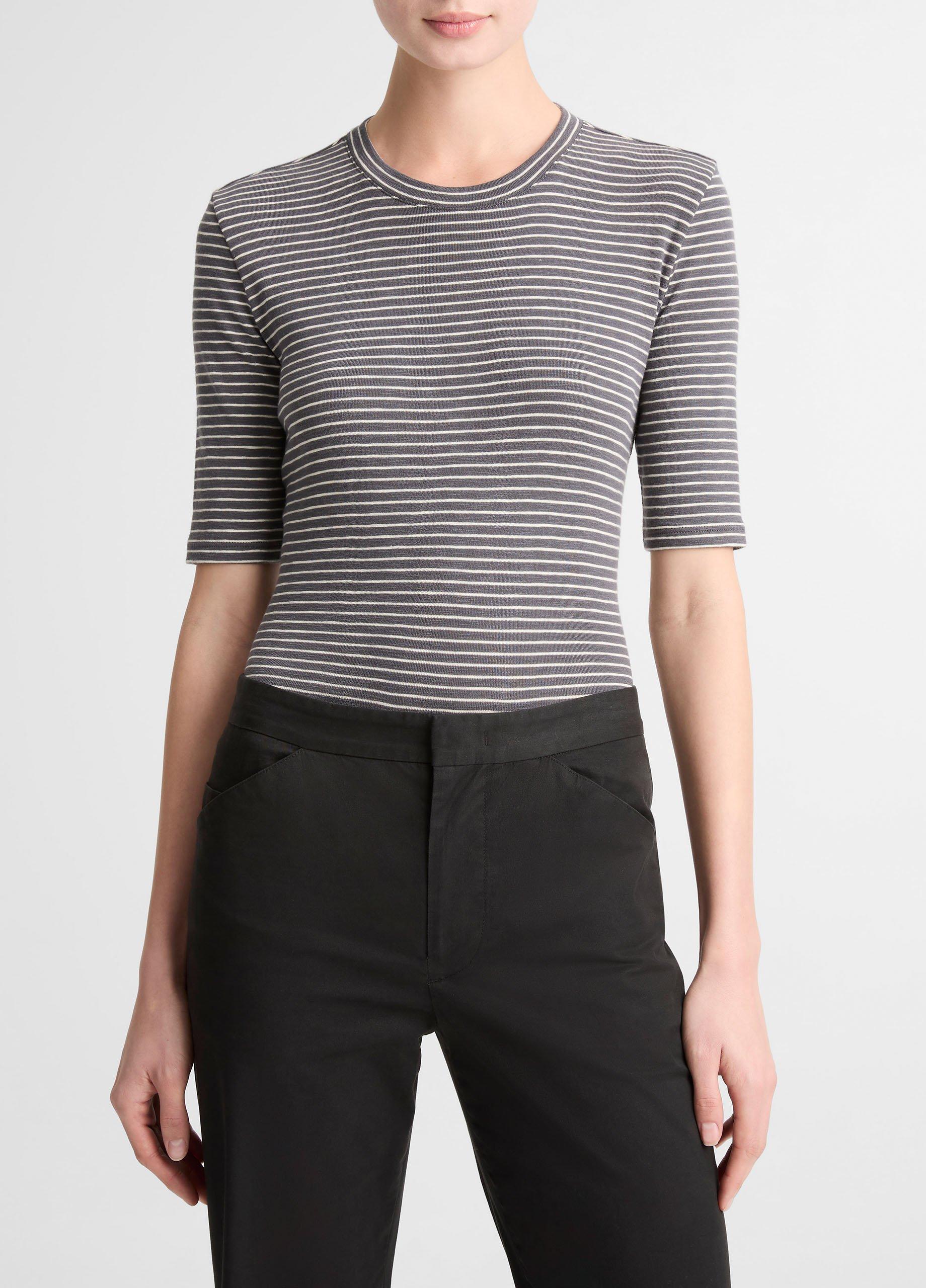 Women's Striped Cotton-Blend Elbow-Sleeve T-Shirt, Oceana Combo, Size S Vince