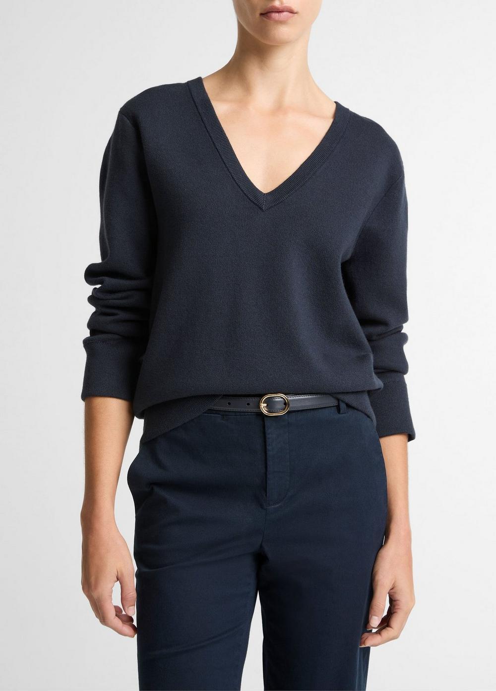 Women's Double-Face Cotton-Blend V-Neck Sweater, Eclipse, Size S Vince