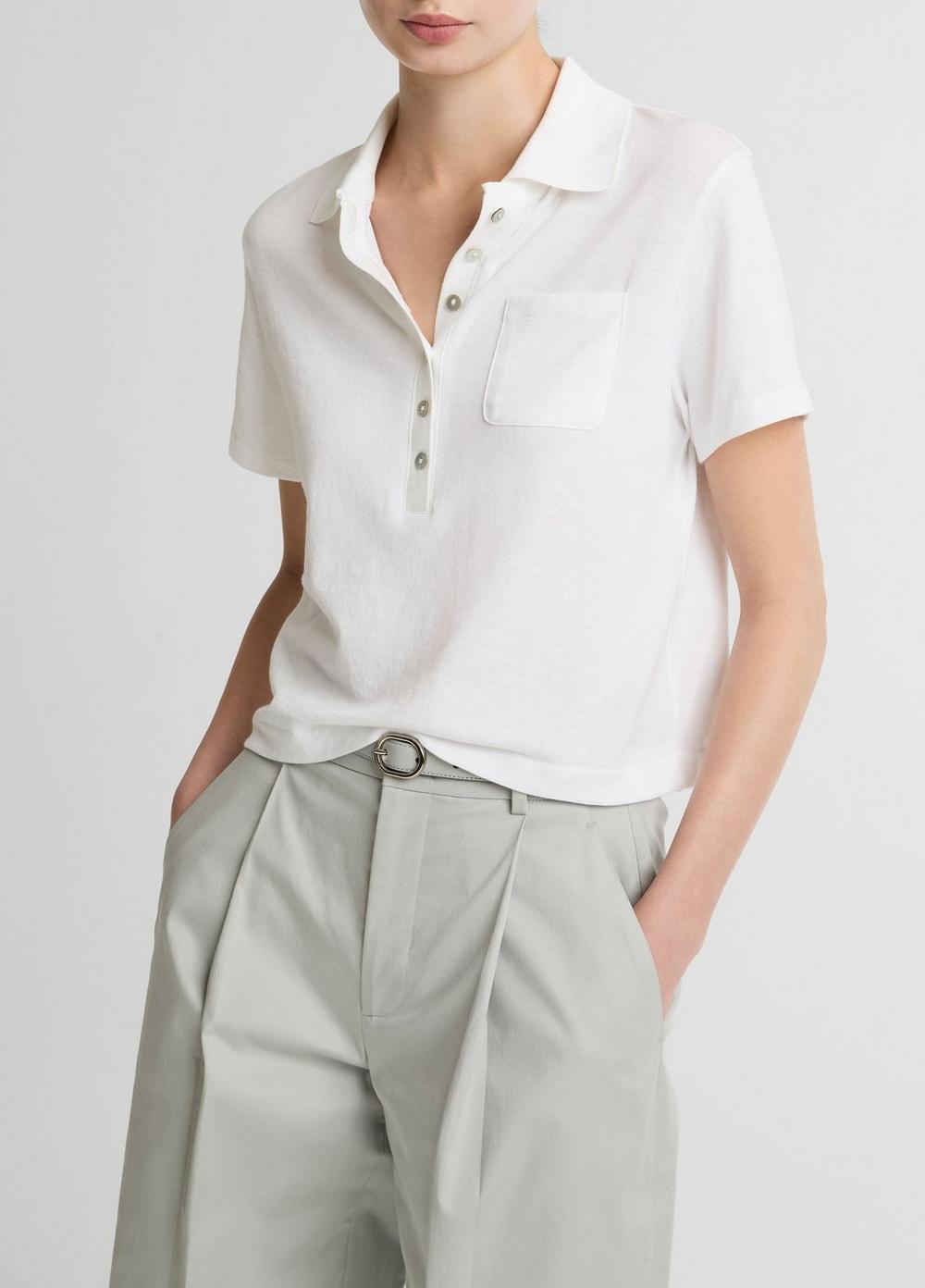Women's Cotton Cropped Pocket Polo, Optic White, Size M Vince