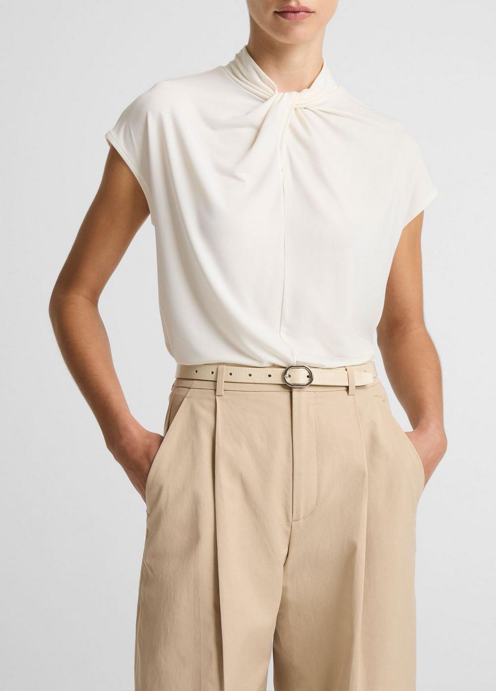 Women's Twist-Neck Matte Jersey Cap-Sleeve Top, Bone, Size L Vince by Vince