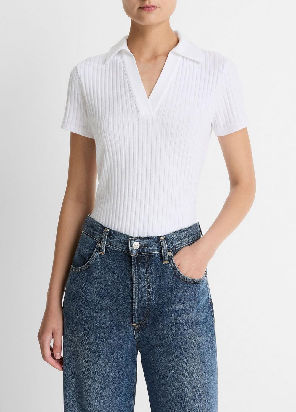 Women's Ribbed Cotton-Blend Polo Shirt, Optic White, Size L Vince