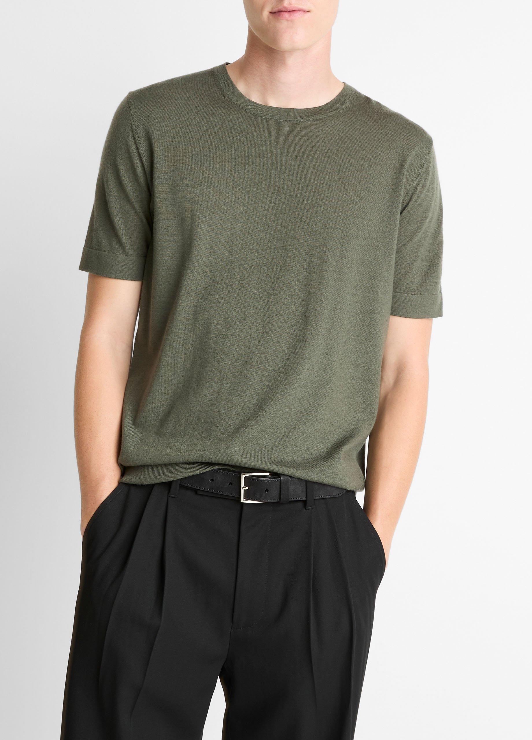 Men's Featherweight Merino Wool-Cashmere Short-Sleeve Sweater, Sycamore, Size S Vince