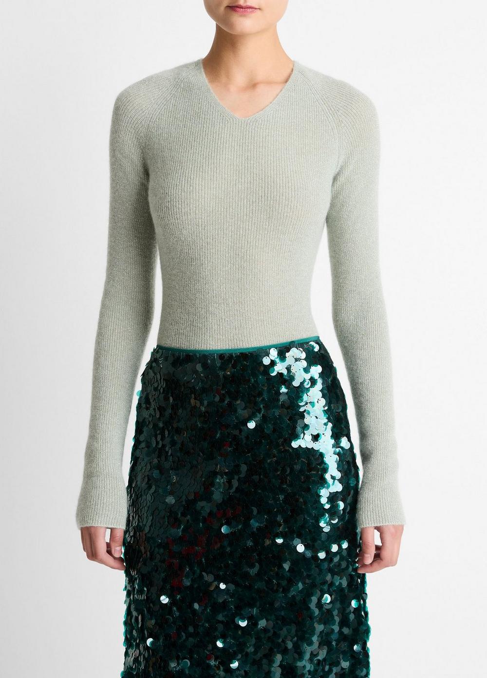 Women's Metallic Ribbed High V-Neck Sweater, Light Aloe Stone Metallic, Size XL Vince