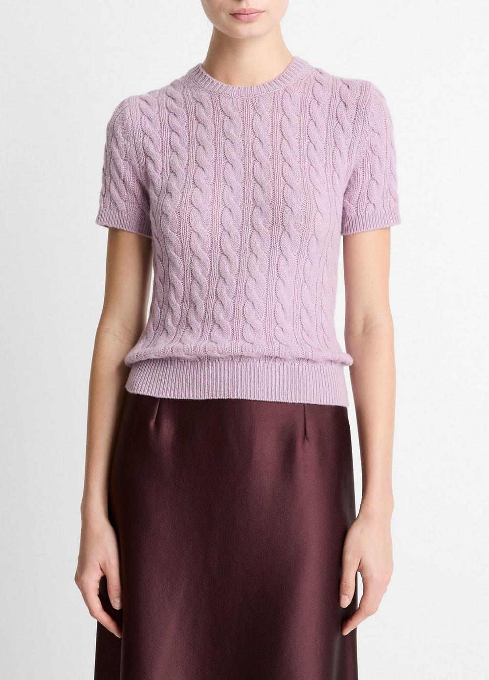 Women's Cable-Knit Wool & Cashmere-Blend Short-Sleeve Sweater, Amethyst, Size M Vince