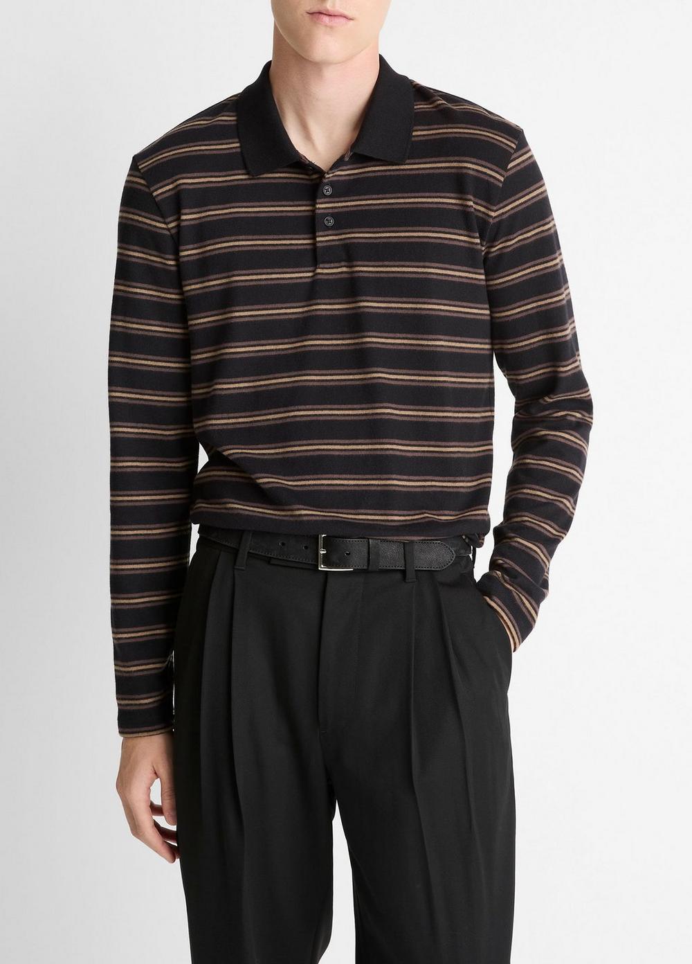 Men's Striped Cotton-Blend Long-Sleeve Polo Shirt, Black Combo, Size L Vince