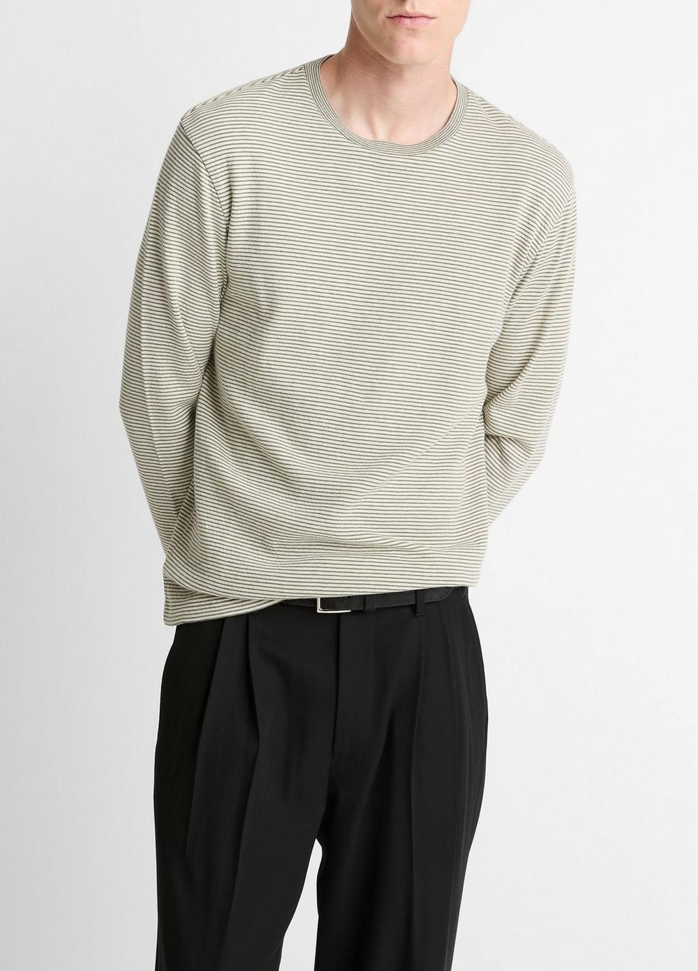Men's Striped Double-Knit Pima Cotton Long-Sleeve T-Shirt, Meadowlark/sycamore, Size XL Vince