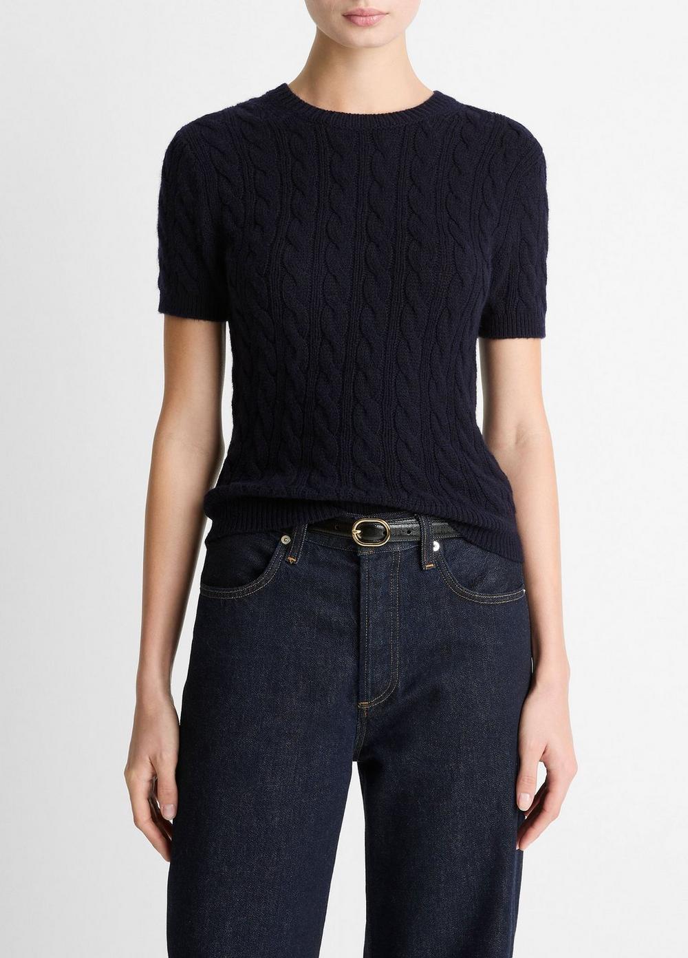 Women's Cable-Knit Wool & Cashmere-Blend Short-Sleeve Sweater, Coastal Blue, Size XL Vince