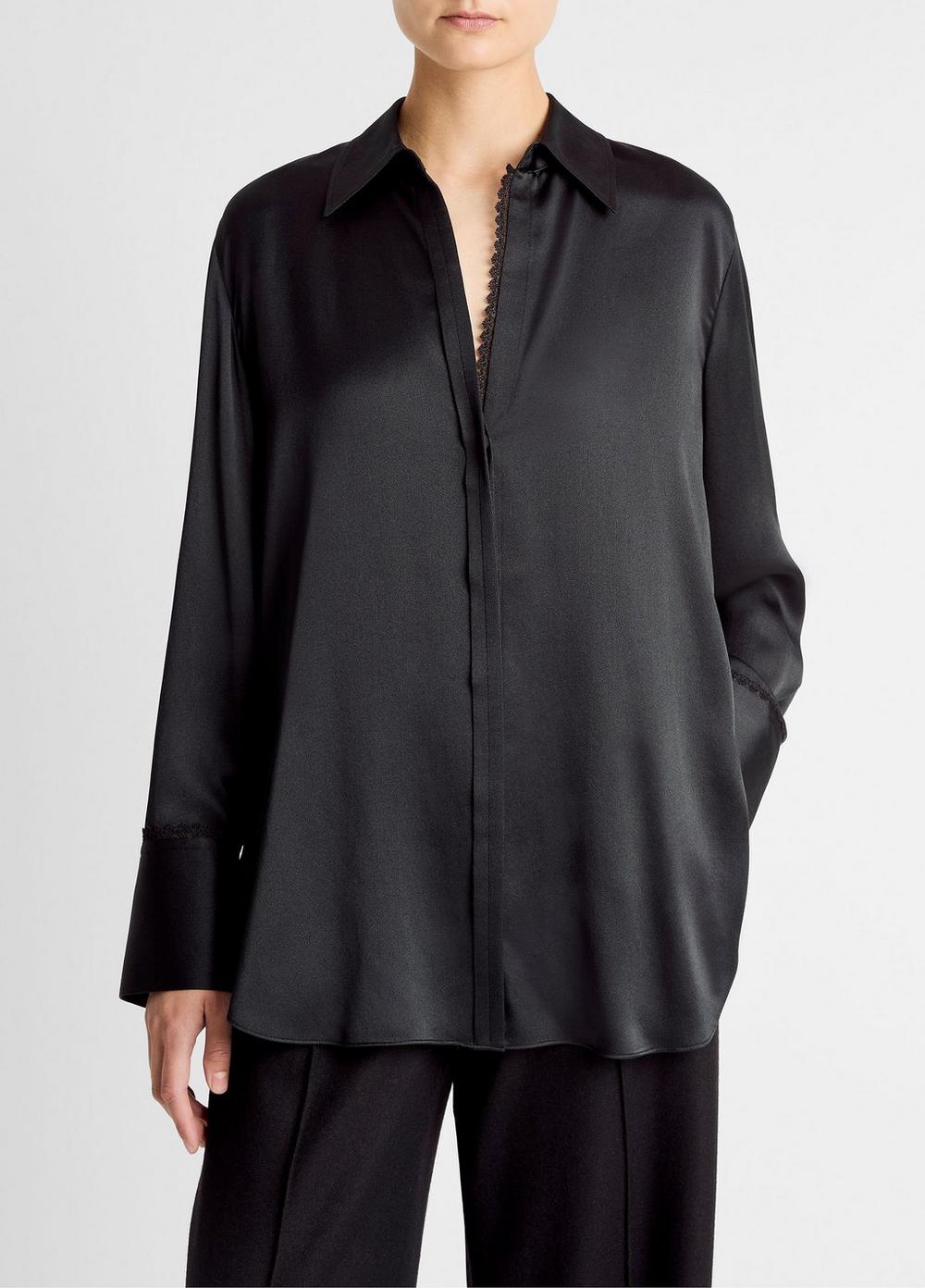 Women's Lace-Trim Silk Relaxed Shirt, Black, Size M Vince