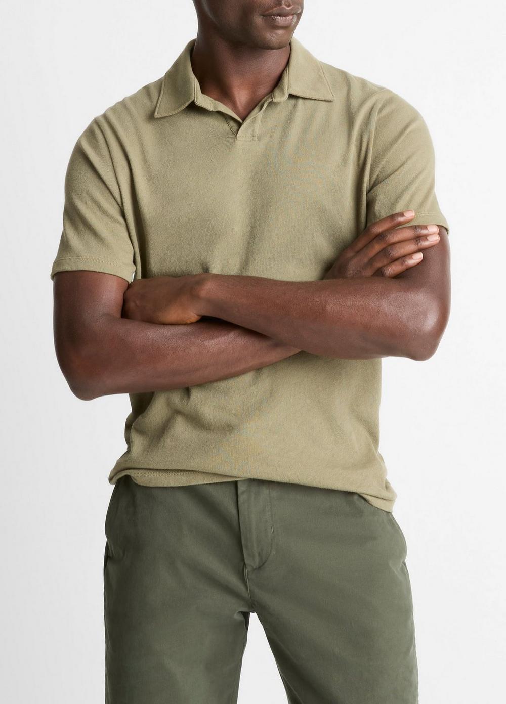Men's Cotton Johnny-Collar Polo Shirt, Sage, Size M Vince