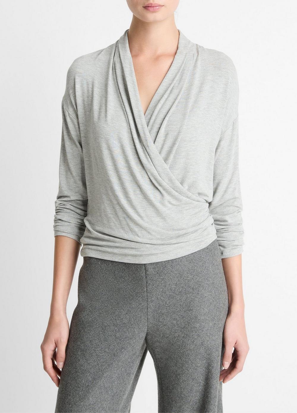 Women's Relaxed Fixed-wrap Jersey Top, Heather Pale Grey, Size XL Vince