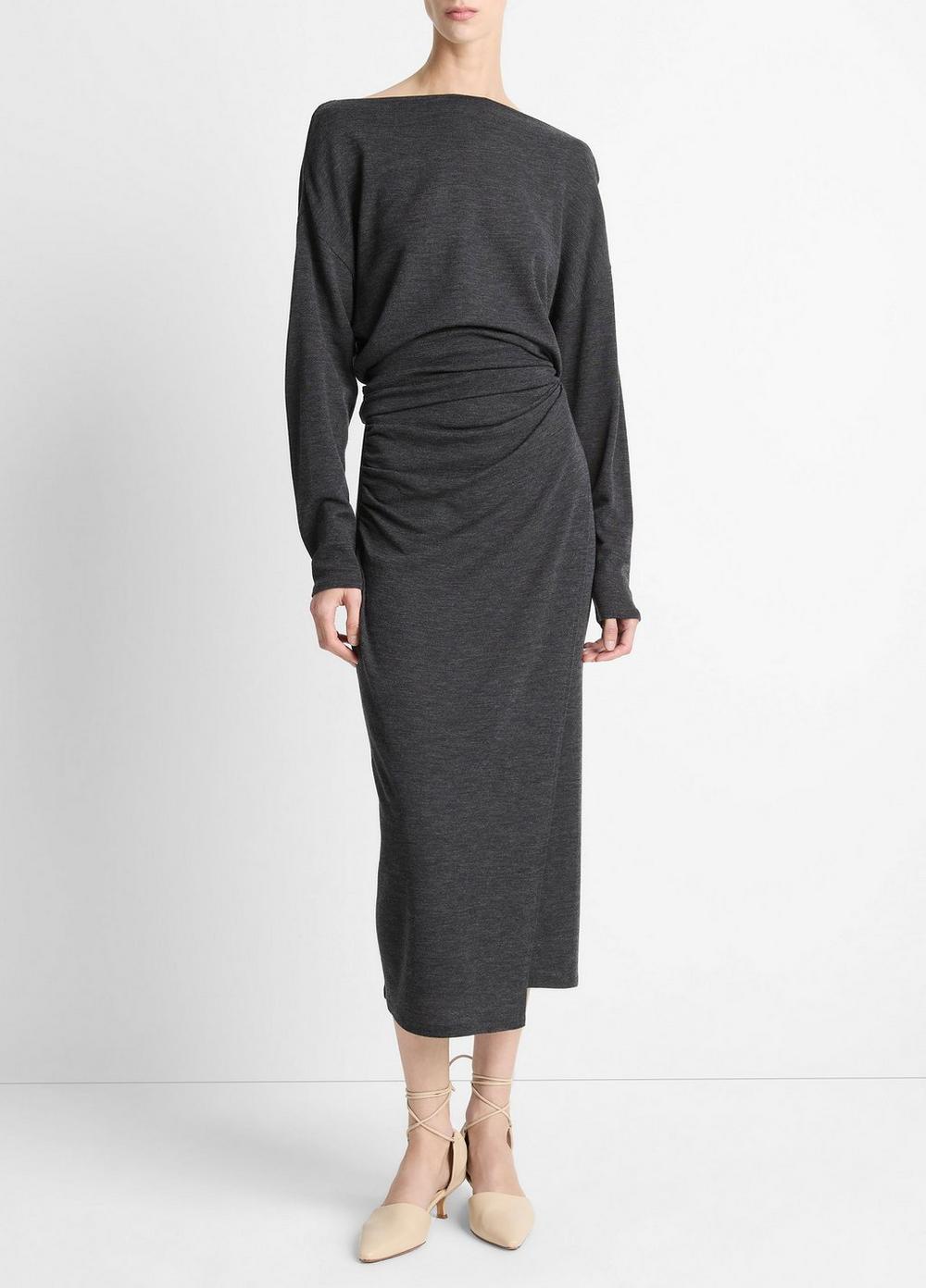 Women's Draped-Waist Wool-Blend Midi Skirt, Dark Heather Grey, Size M Vince