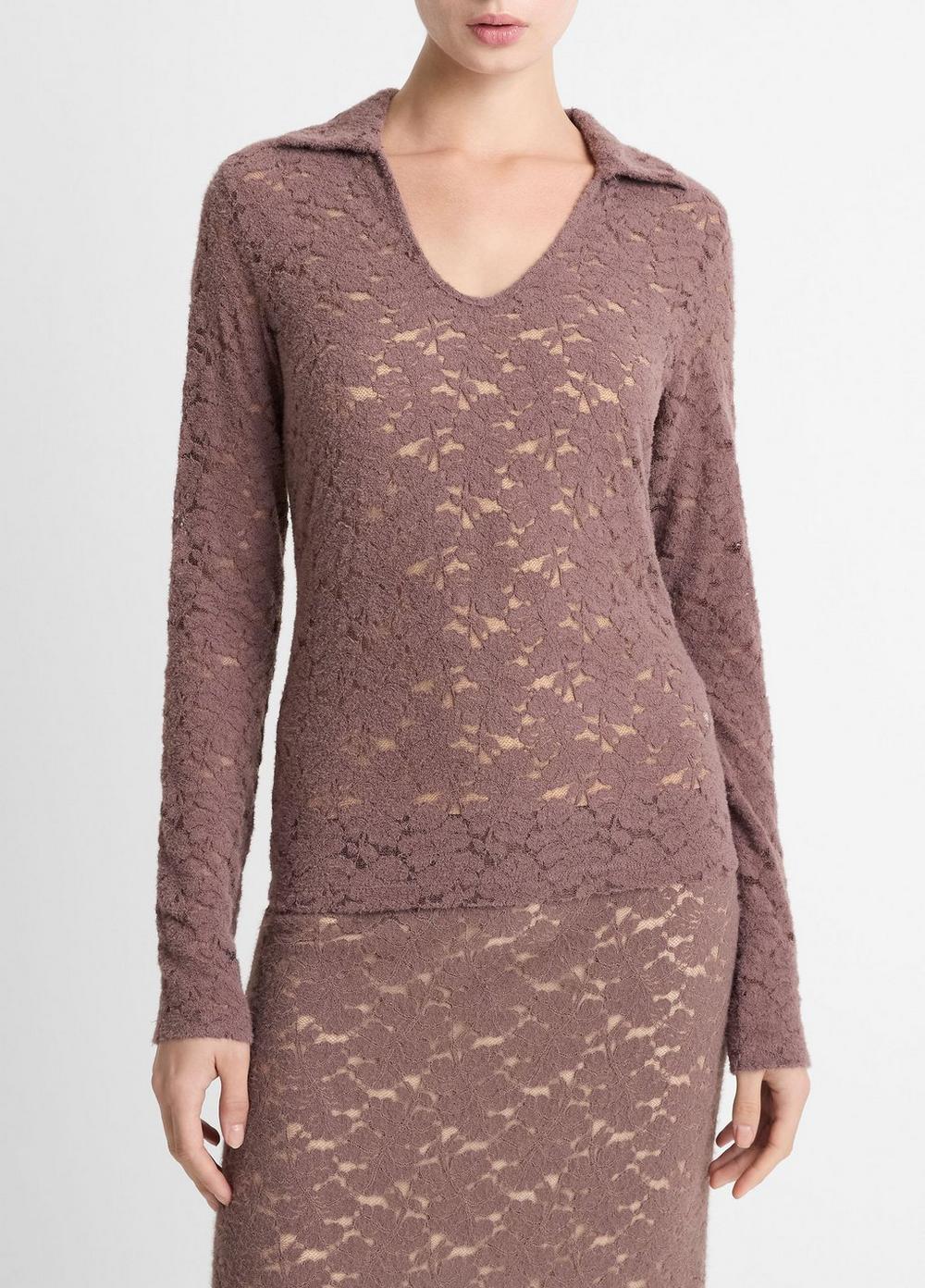 Women's Lace Long-Sleeve Polo Top, Smoky Berry, Size L Vince by Vince