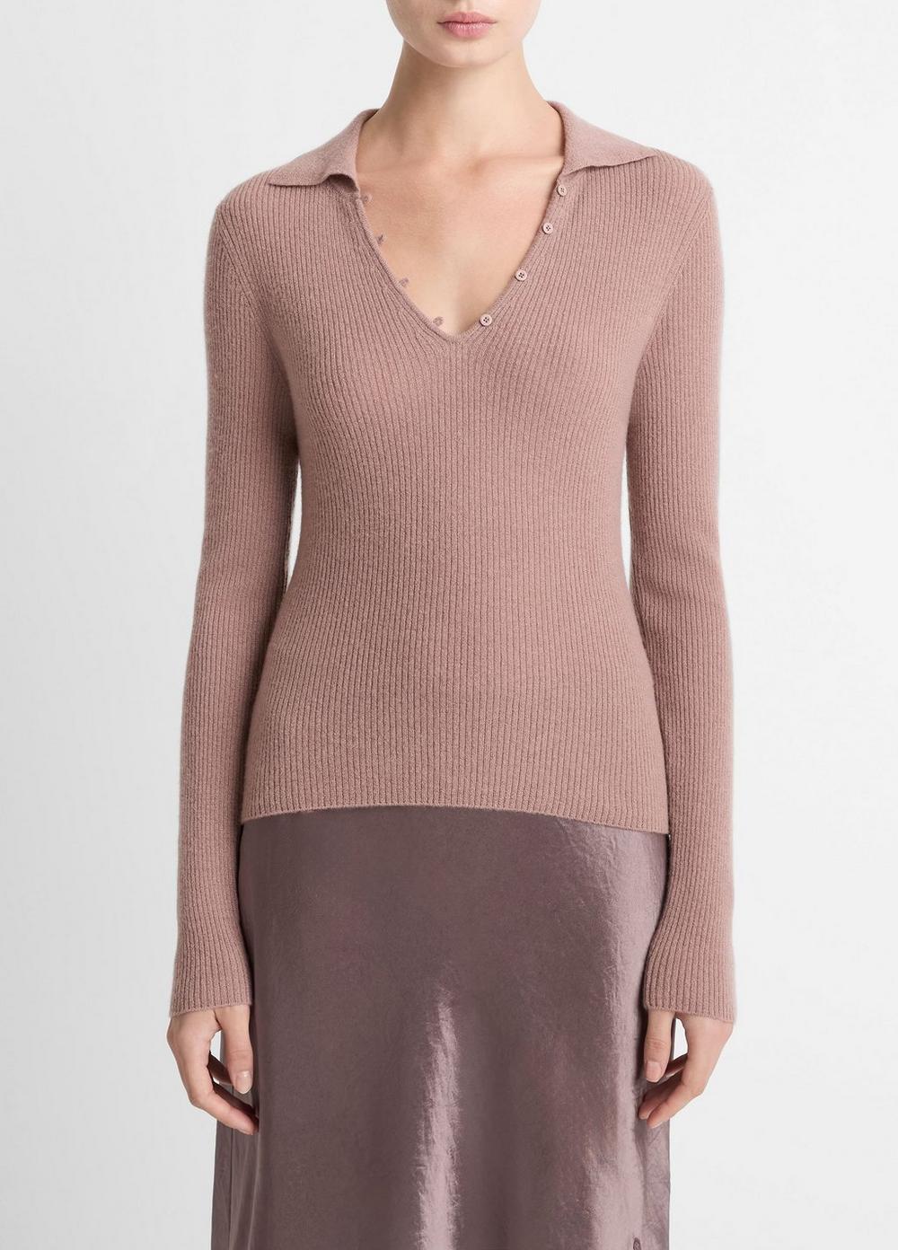 Women's Ribbed Cashmere-Silk Polo Sweater, Beet Root, Size XXS Vince