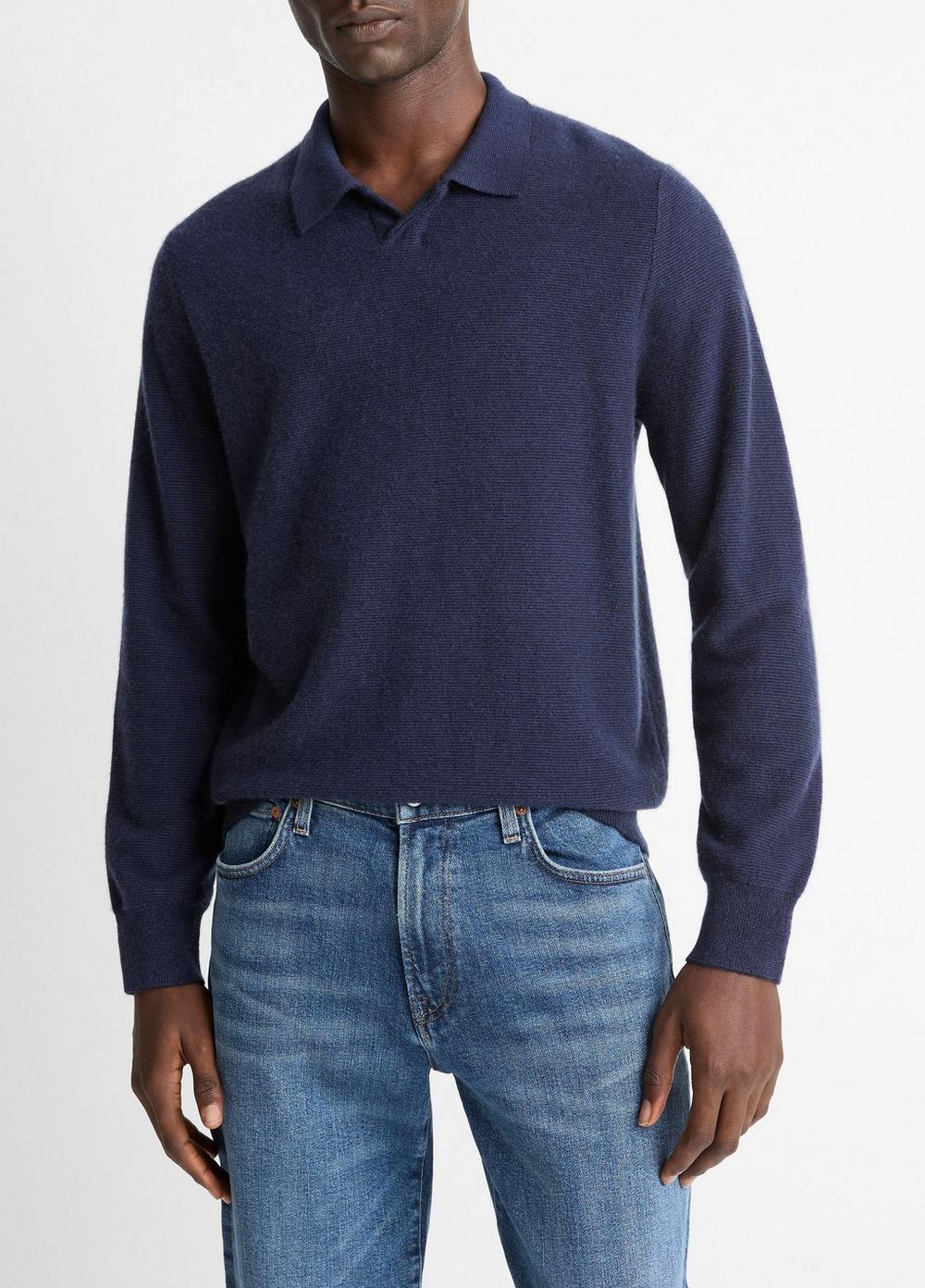 Men's Feed Stripe Plush Cashmere Johnny-Collar Sweater, Coastal Blue/dark Sapphire, Size S Vince