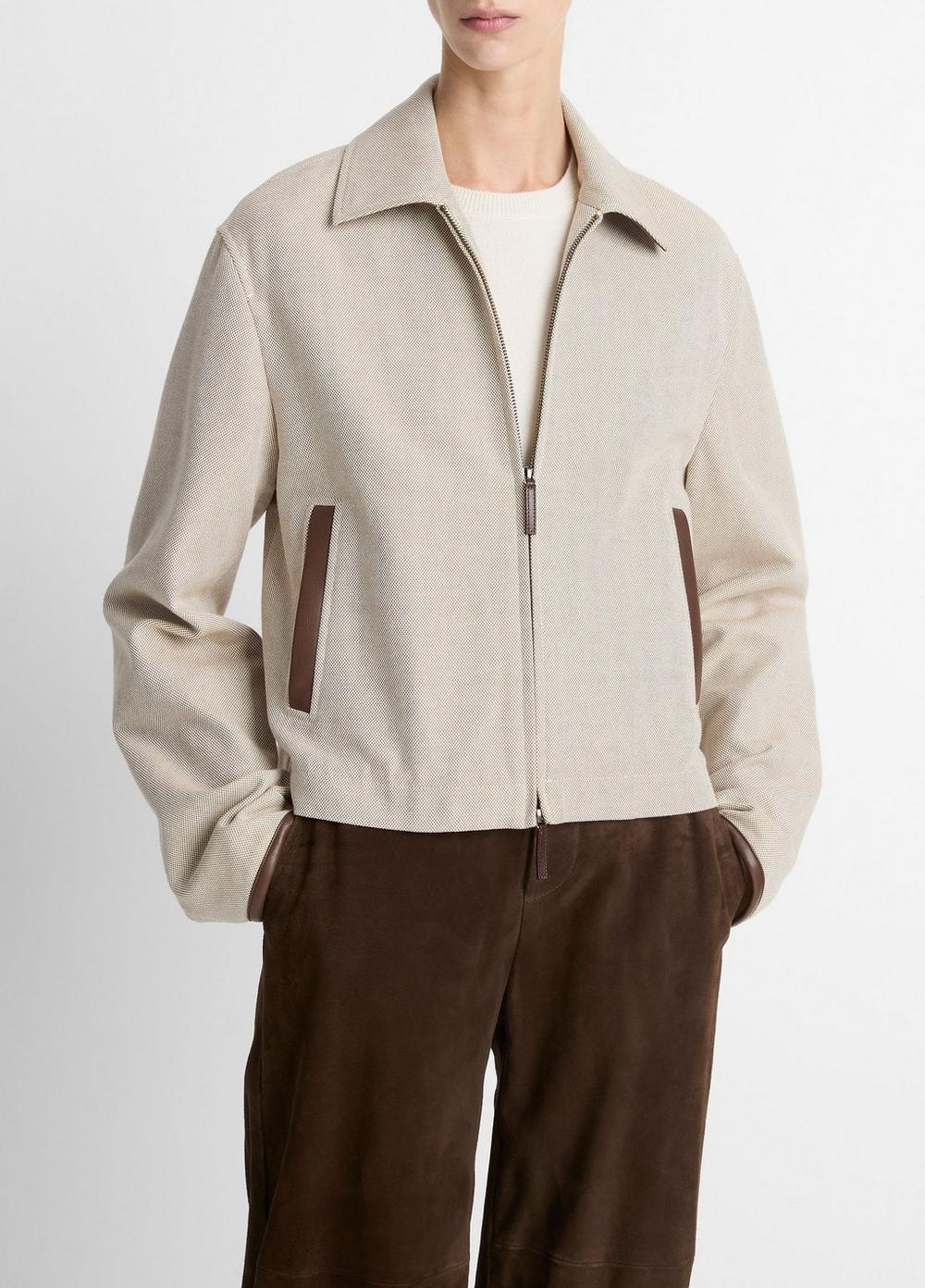 Women's Faux-Leather-Trim Cotton Cropped Jacket, Villa Stone, Size M Vince by Vince