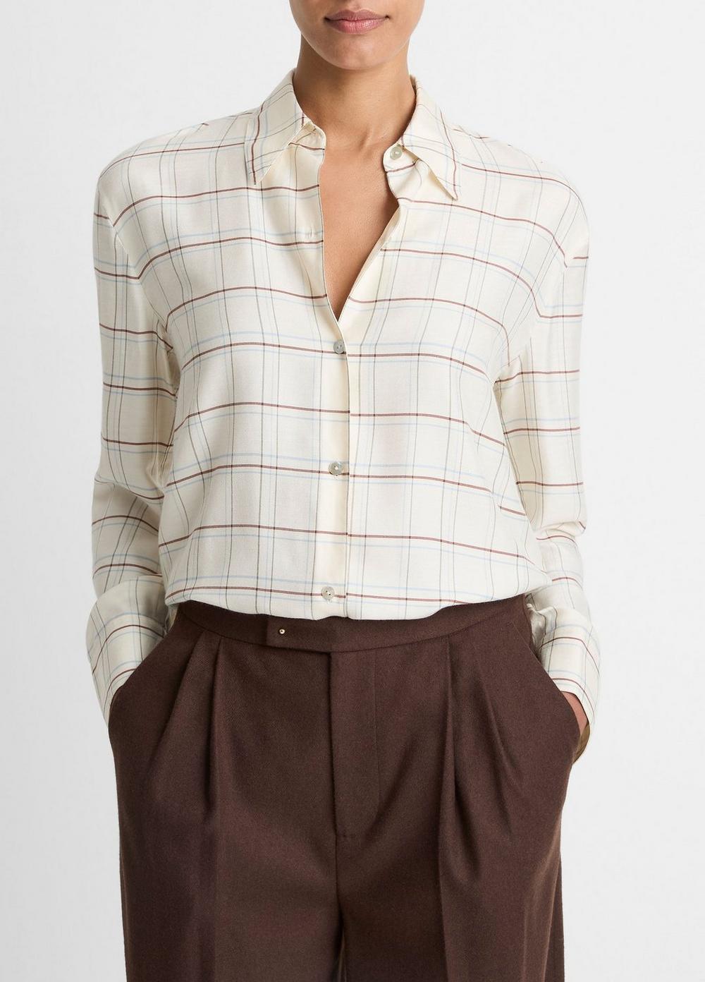 Women's Checked Plaid Button-Front Shirt, Cream Multi, Size XS Vince