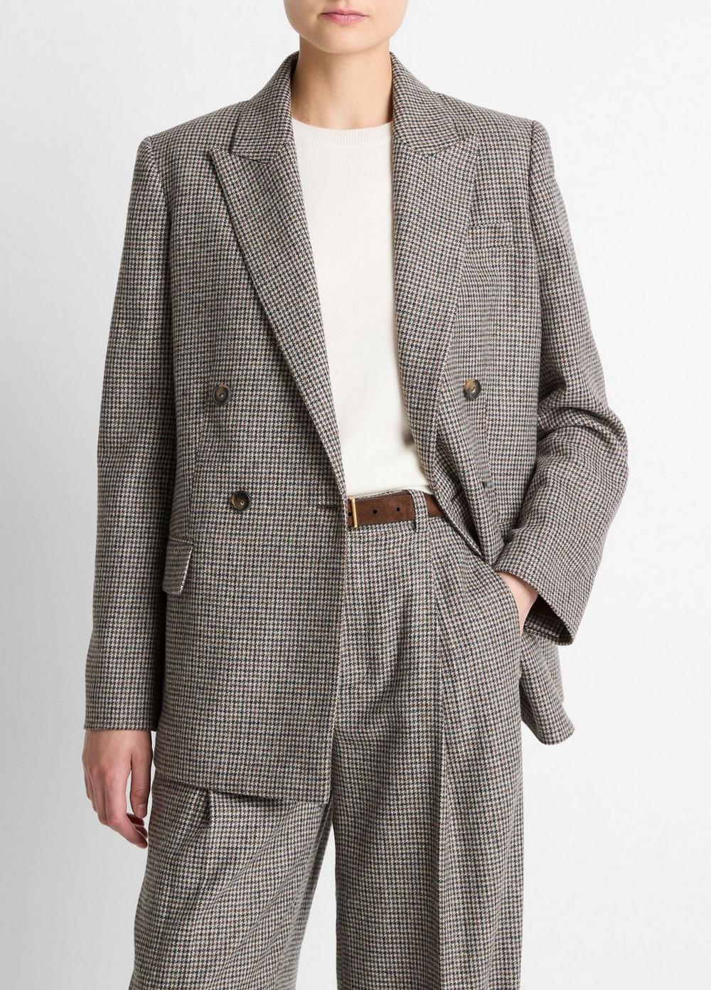 Women's Plaid Wool-Blend Double-Breasted Blazer, Cacao Houndstooth, Size 0 Vince
