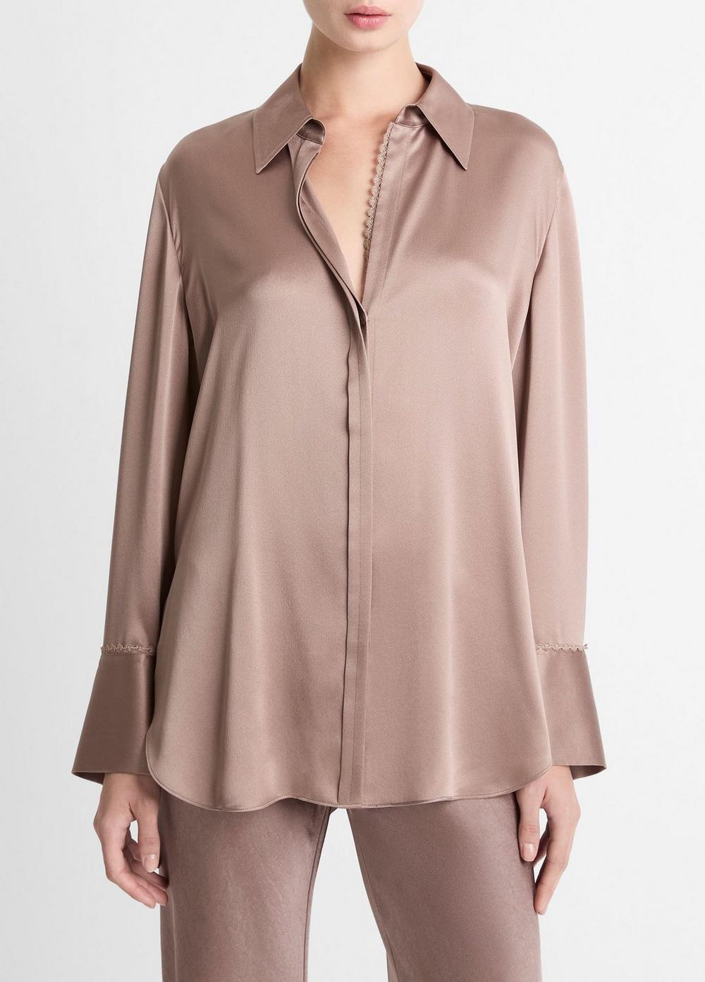 Women's Lace-Trim Silk Relaxed Shirt, Mauve Lilac, Size XXS Vince