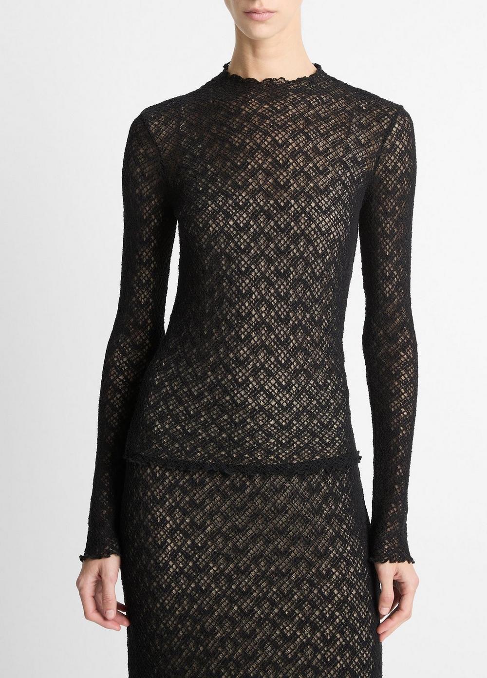 Women's Cotton-Blend Diamond Lace Mock-Neck Long-Sleeve Top, Black, Size L Vince by Vince