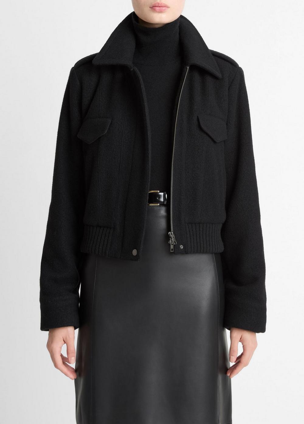Women's Italian Wool-Blend Cropped Jacket, Black, Size L Vince by Vince